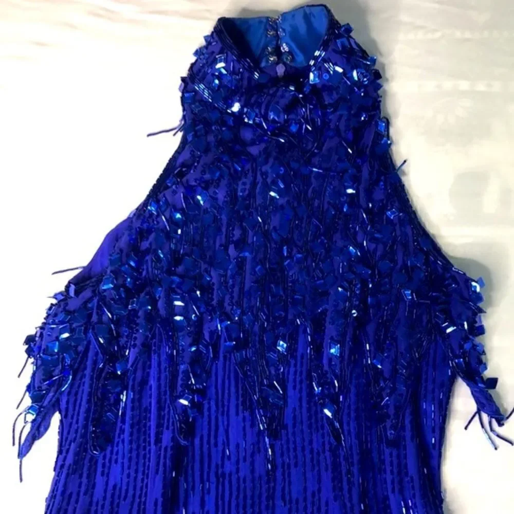 NiteLine by Della Roufogali Blue Silk Beaded Evening Gown Vintage Formal Dress 6